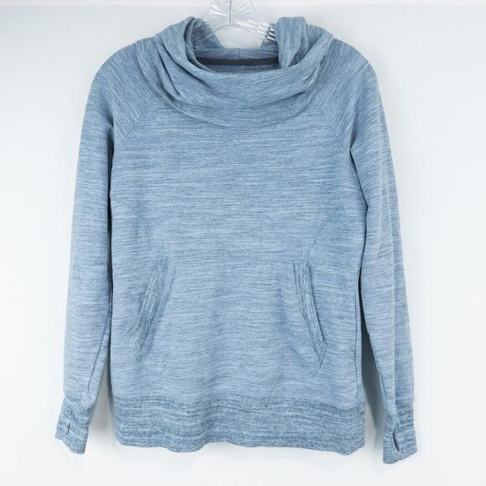 LL‎ Bean Cozy Pullover Marled Womens XS Petite Slate Blue Cowl Neck Thumbholes